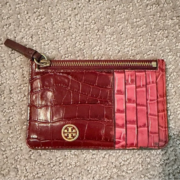 Tory Burch Robinson croc embossed leather Two-Tone Red and Pink Croc Card Case - Picture 1 of 5